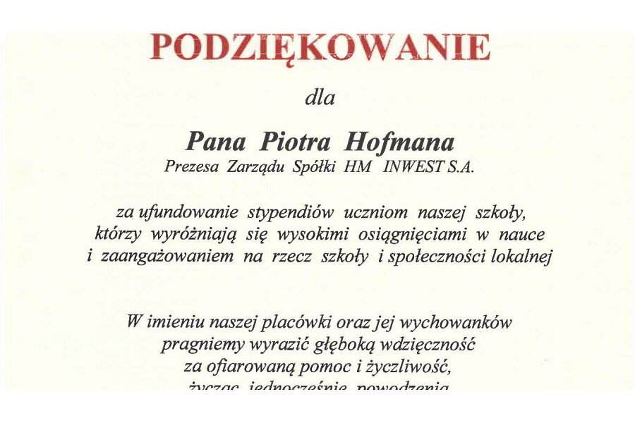 Podziękowanie dla GRUPY INWEST za Program Stypendialny